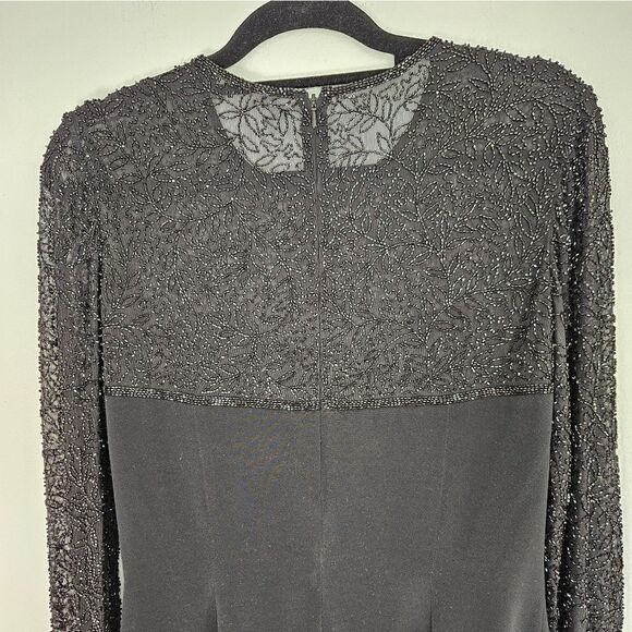 Vintage Black Tie Oleg Cassini Intricately Beaded Long Sleeve Evening Dress 12 - Picture 4 of 11